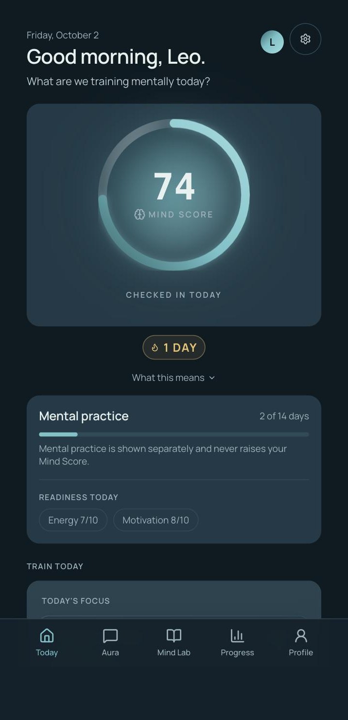 The Deep Lane app: Today screen showing a Mind Score of 74, checked in today, with a one-day streak