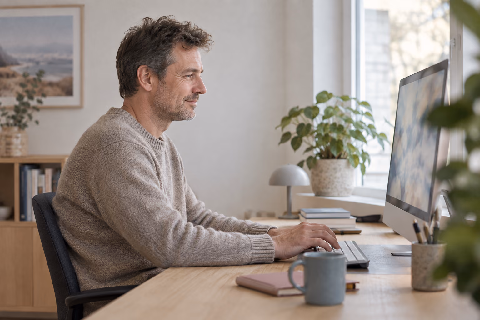 Zufriedener Angestellter vor Computer-Monitor