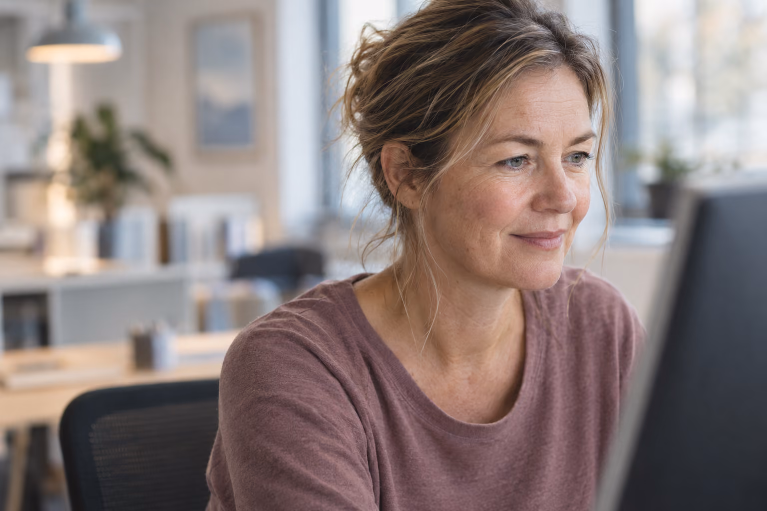 Frau arbeitet entspannt an Computer in dem Wissen, dass ihre Daten sicher sind.