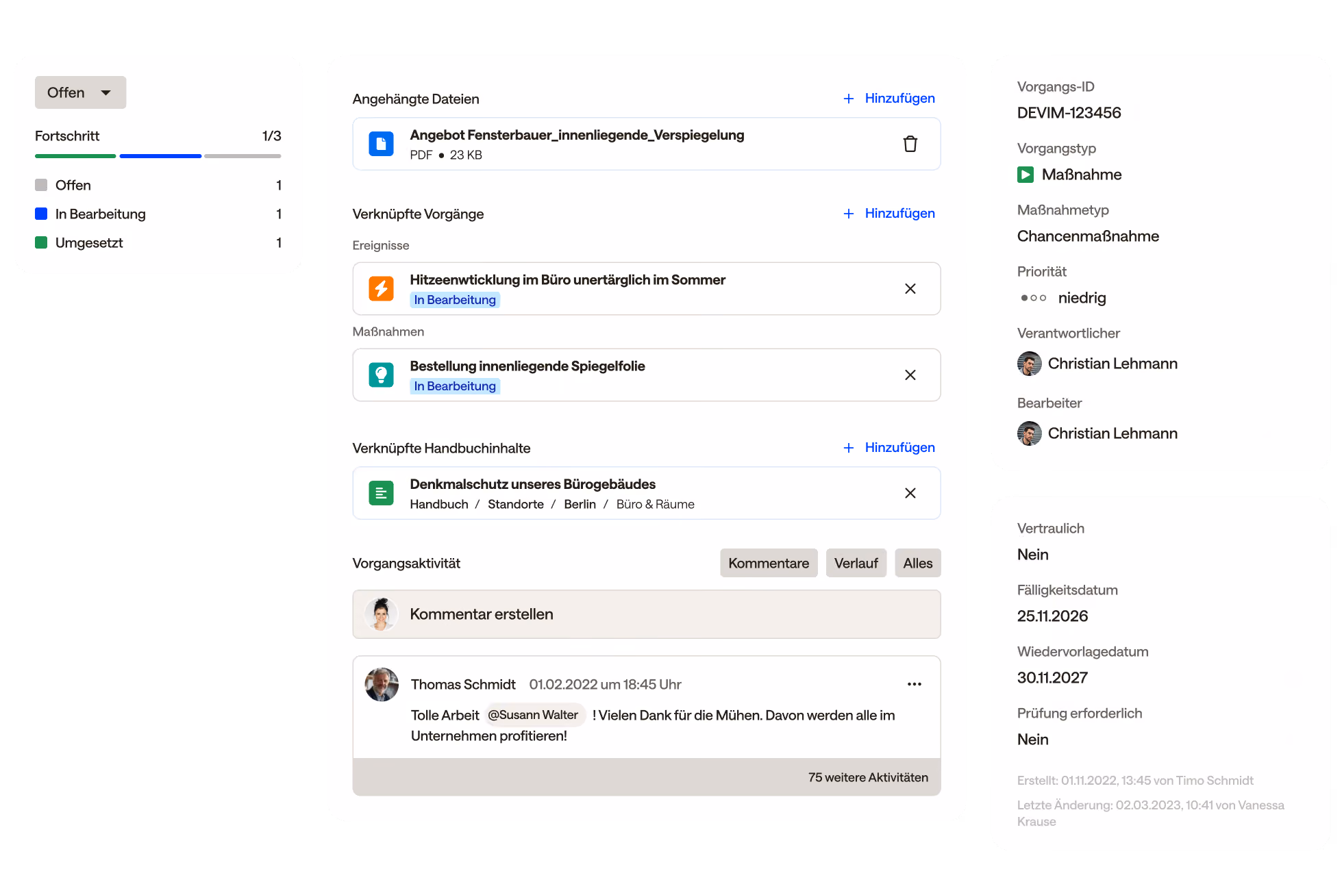 Darstellung einer Maßnahme innerhalb des Maßnahmensmanagements