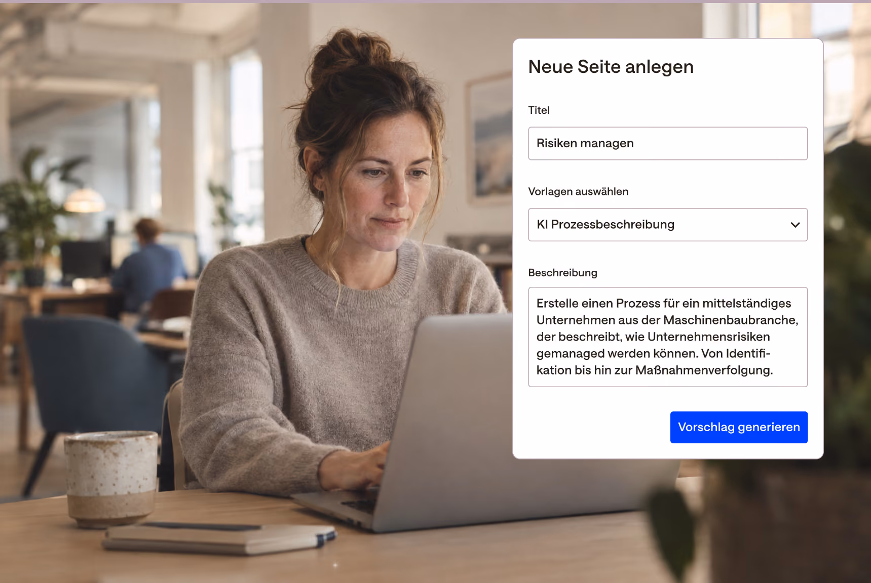 Woman at a laptop creating an AI-generated process draft