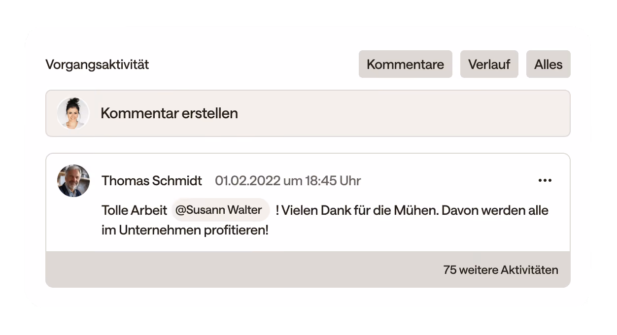 Kommentarbereich innerhalb einer Maßnahme mit Mention einer Mitarbeiterin