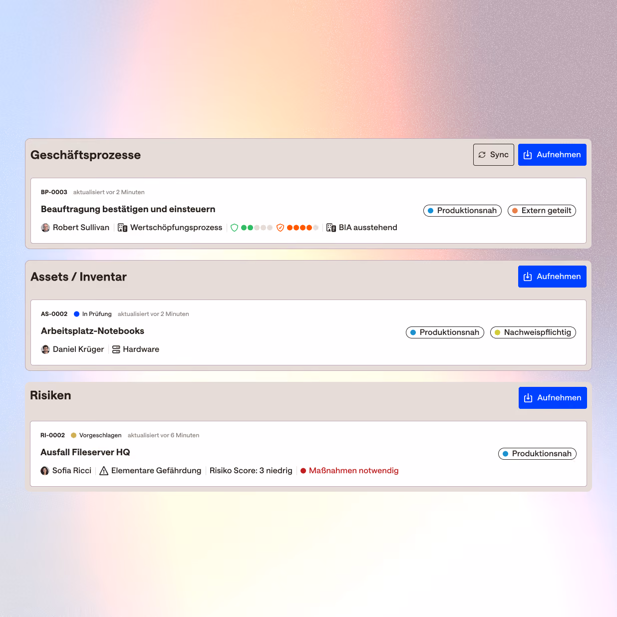Darstellung aller drei Anwendungsfälle des Ariadne ISMS-Moduls. Geschäftsprozesse, Assets / Inventar & Risiken.