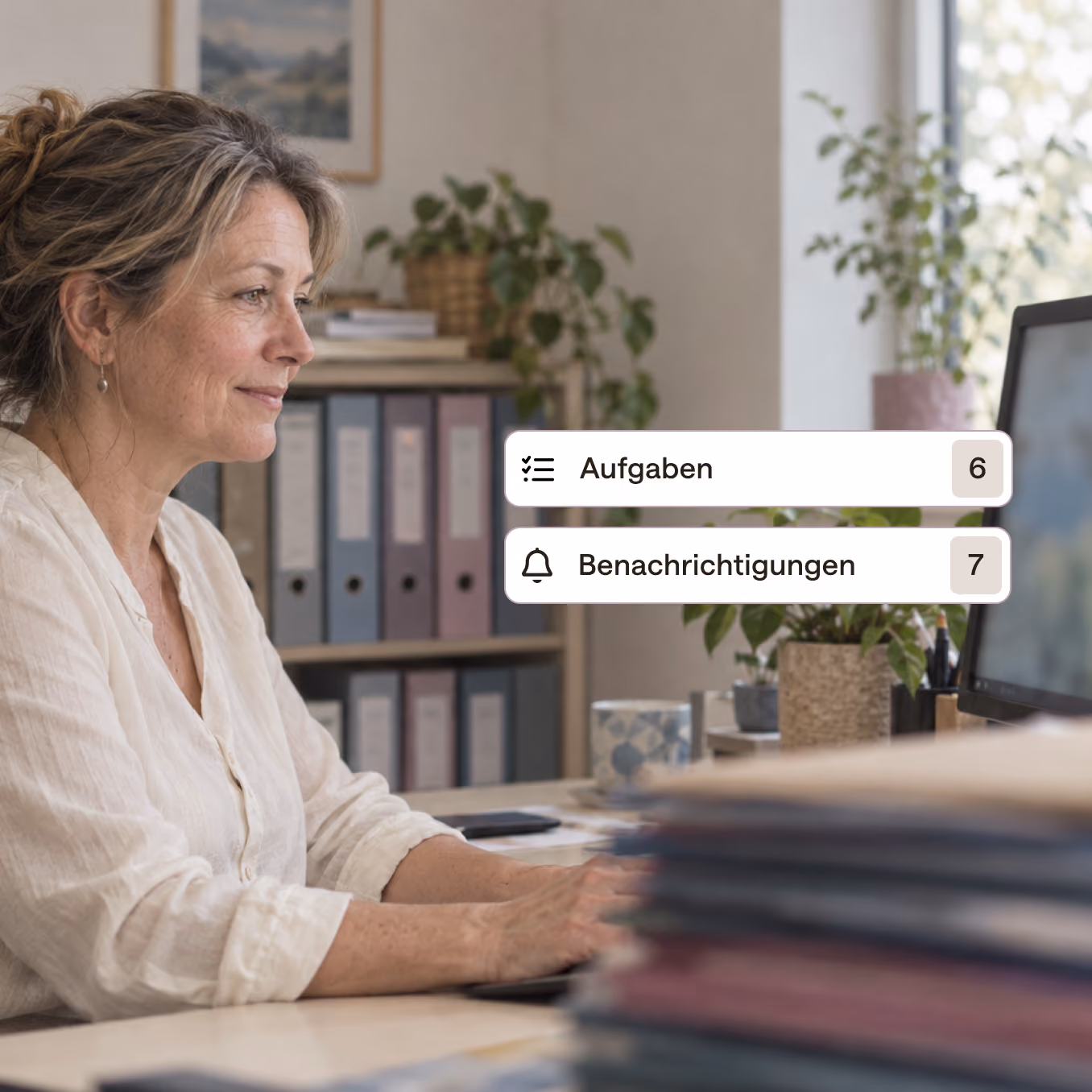 Frau am Computer in heller Büro-Umgebung mit UI-Elementen als Overlay
