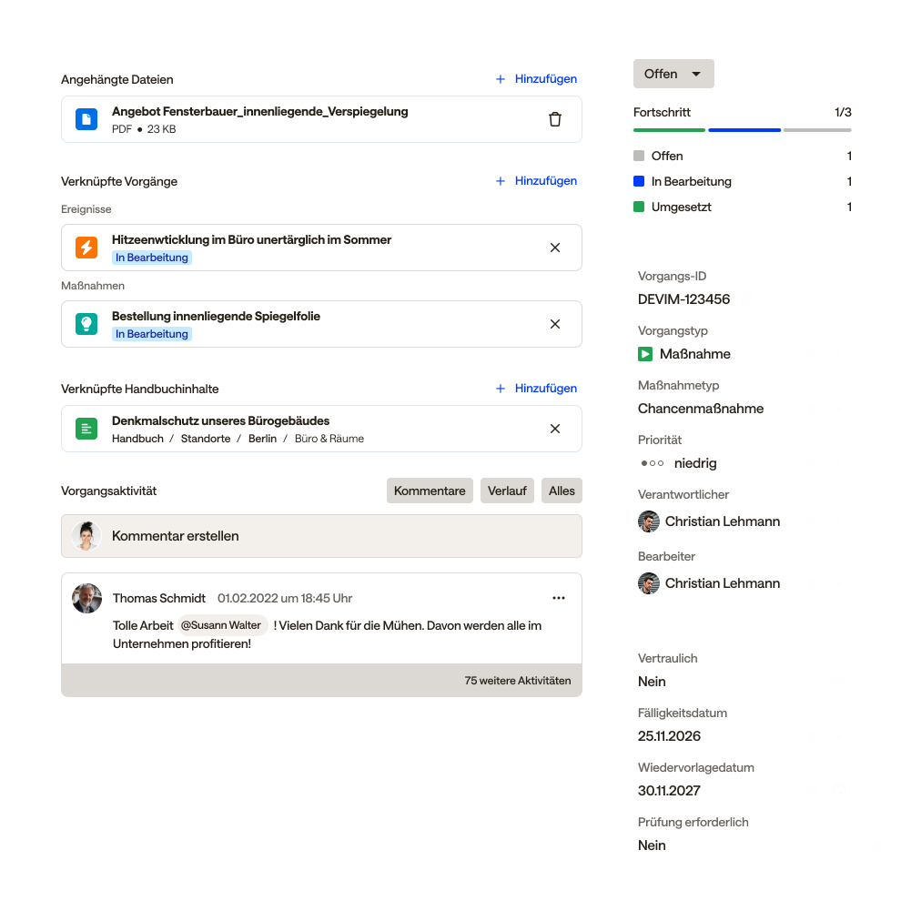 UI-Elemente einer Maßnahmen-Tickets