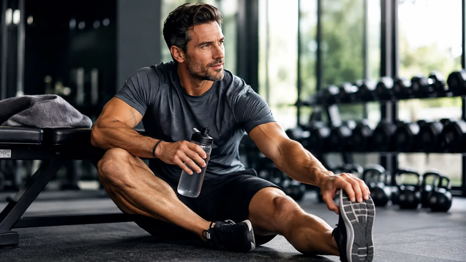 Man stretching on the gym floor