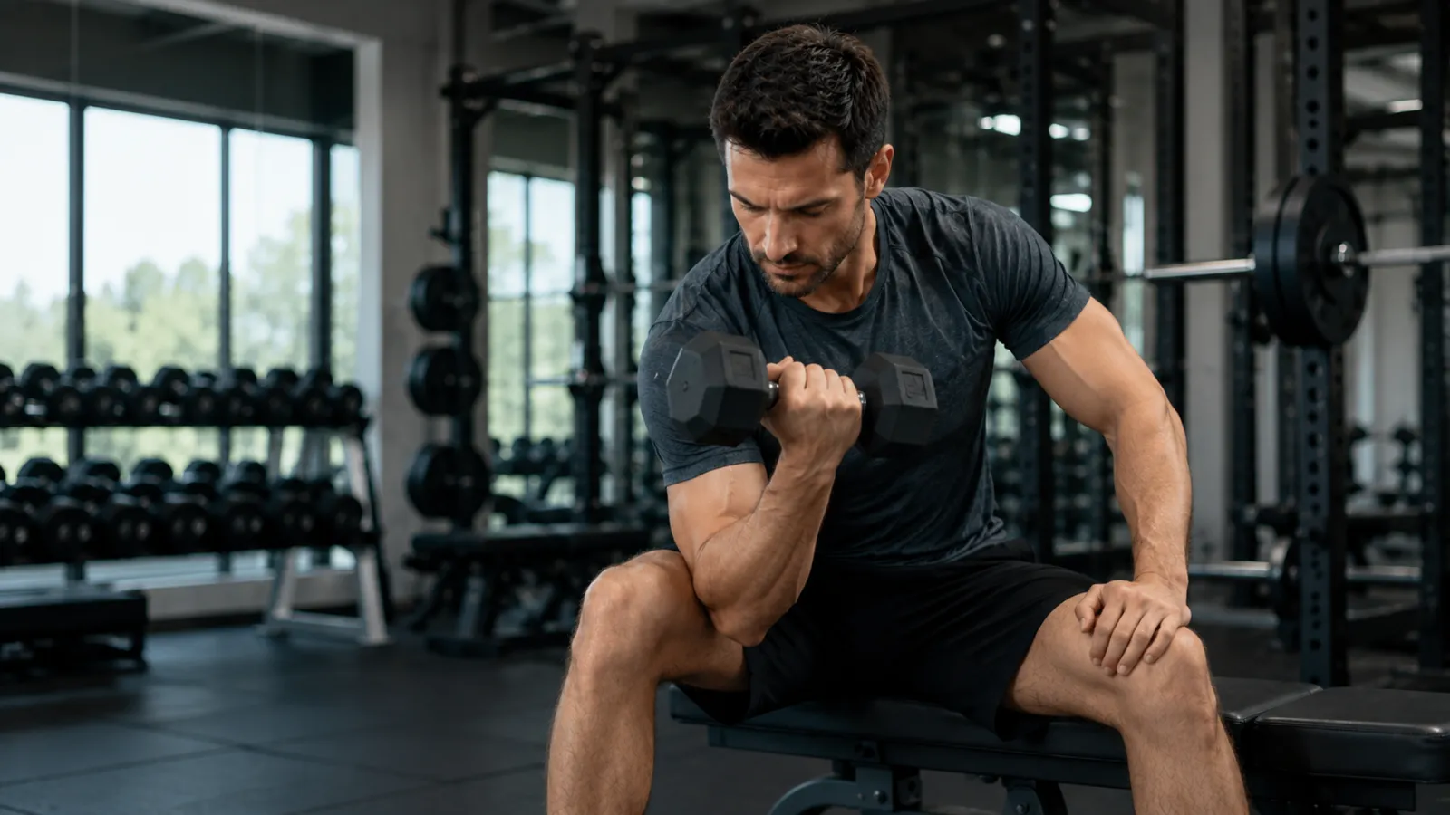 Man in a gray shirt doing bicep curls in the gym