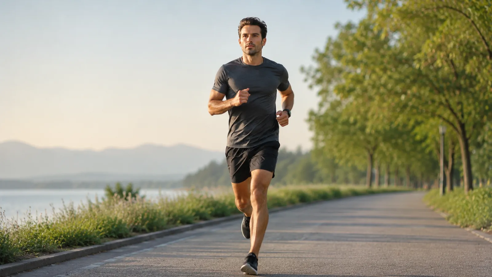 Man running on a waterfront path