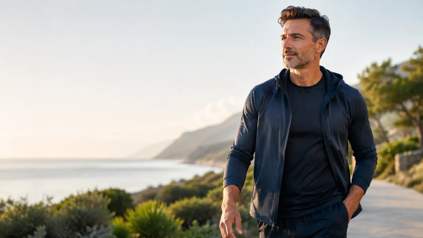 Man in a gray workout jacket walking on a coastal road