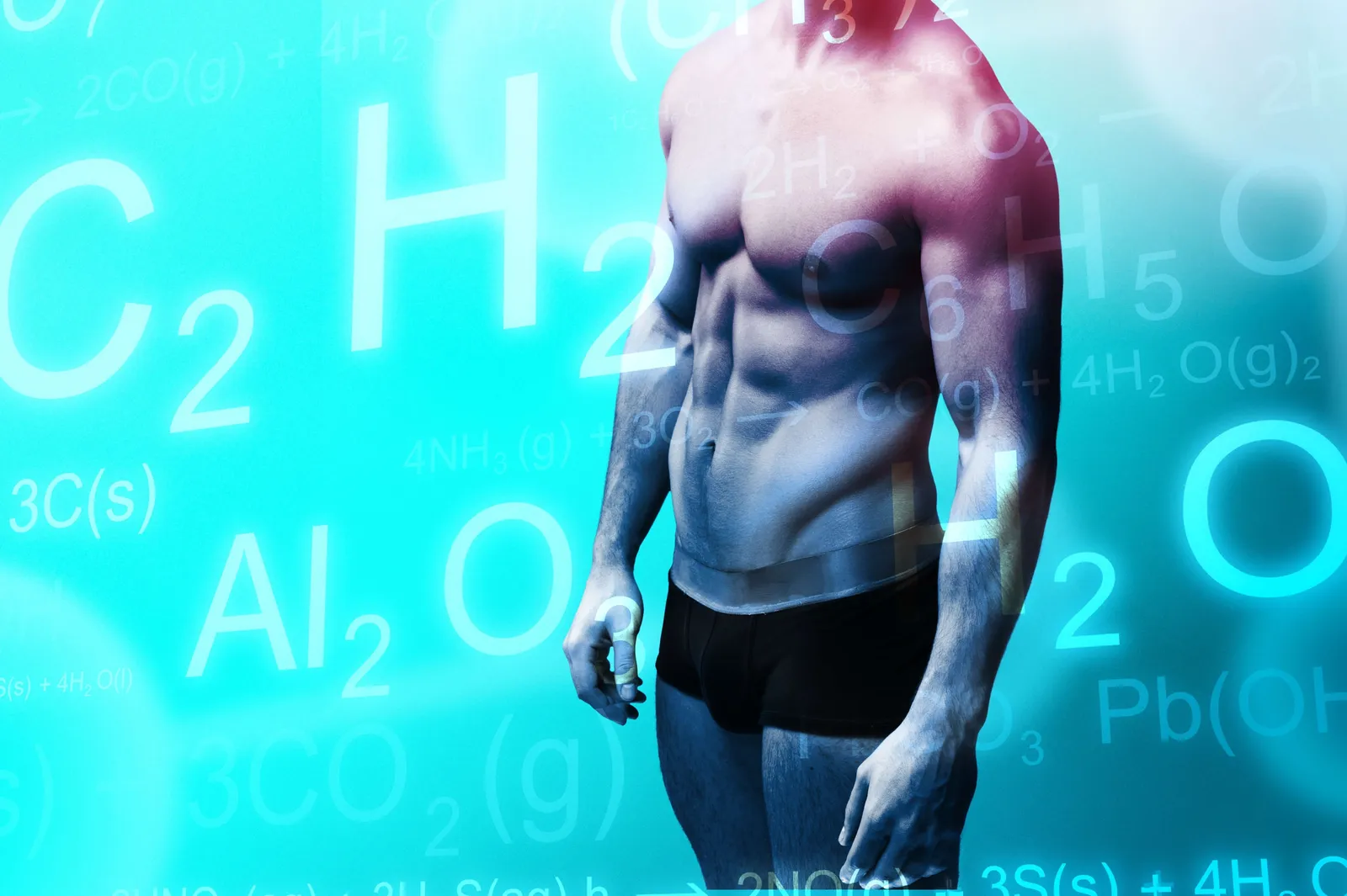 Man's torso with chemistry formulas in the background