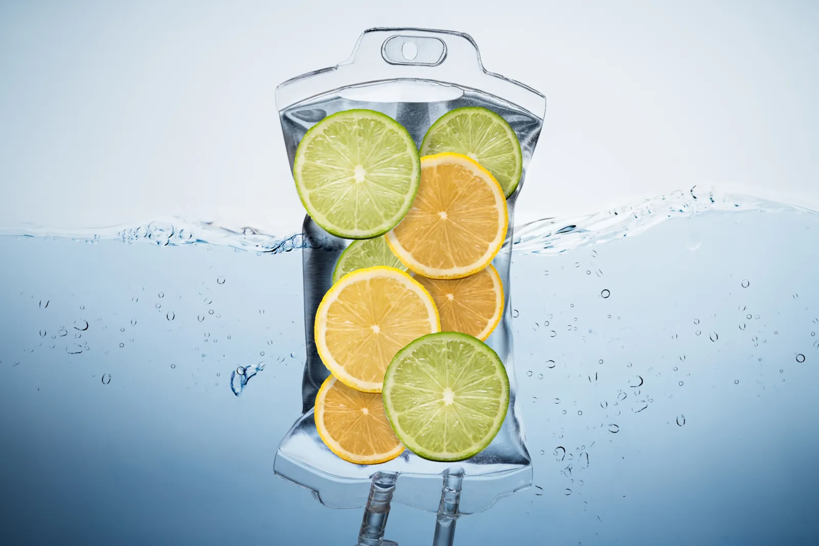 IV drip bag filled with lime and orange slices