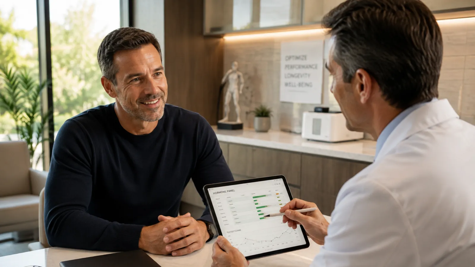 Smiling man going over his hormone blood test results on a tablet with a doctor, the first step of TRT in Paramus, NJ