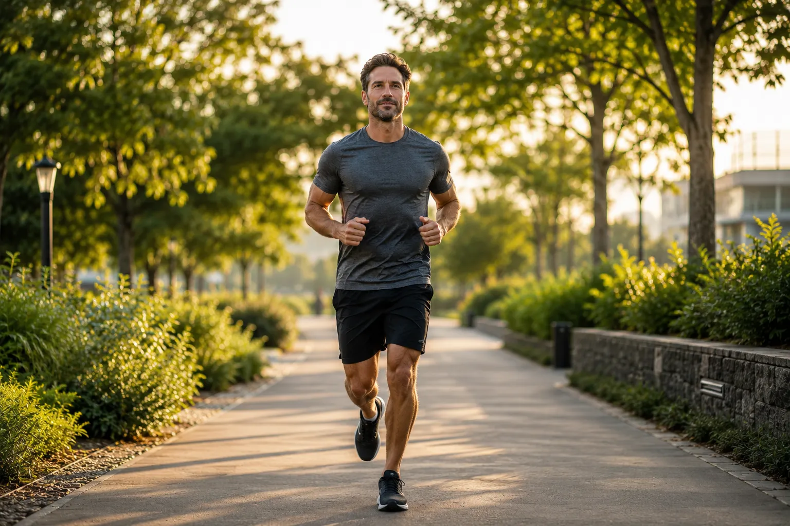 Fit man in a gray t-shirt jogging on a tree-lined path at sunrise, staying active with TRT and the Wolverine Stack in Staten Island