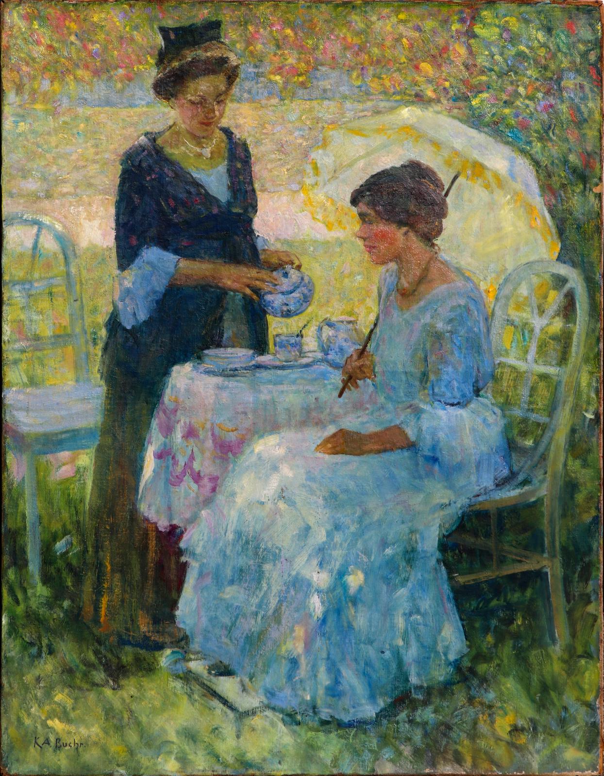 Impressionist painting of two women having tea outdoors with parasol and floral background.