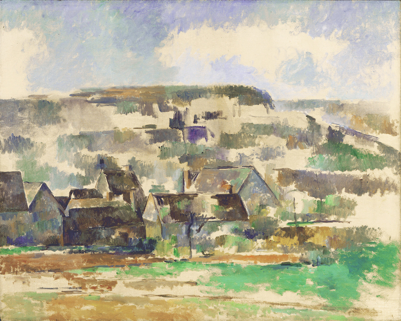 Impressionist painting of a village with houses and a hillside under a cloudy sky.