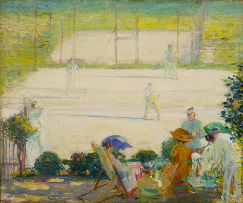 Impressionist painting of tennis match with players and spectators in summer garden setting.