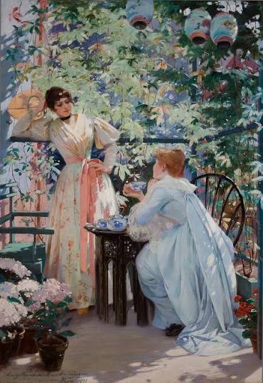 Two women in elegant gowns sharing tea in a lush garden patio with hanging lanterns.