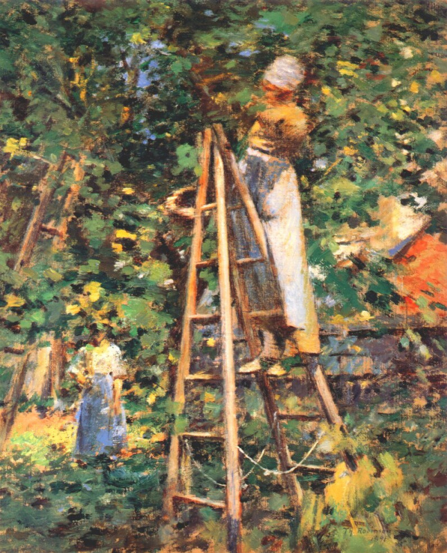Impressionist painting of a woman on a ladder picking fruit surrounded by green foliage.