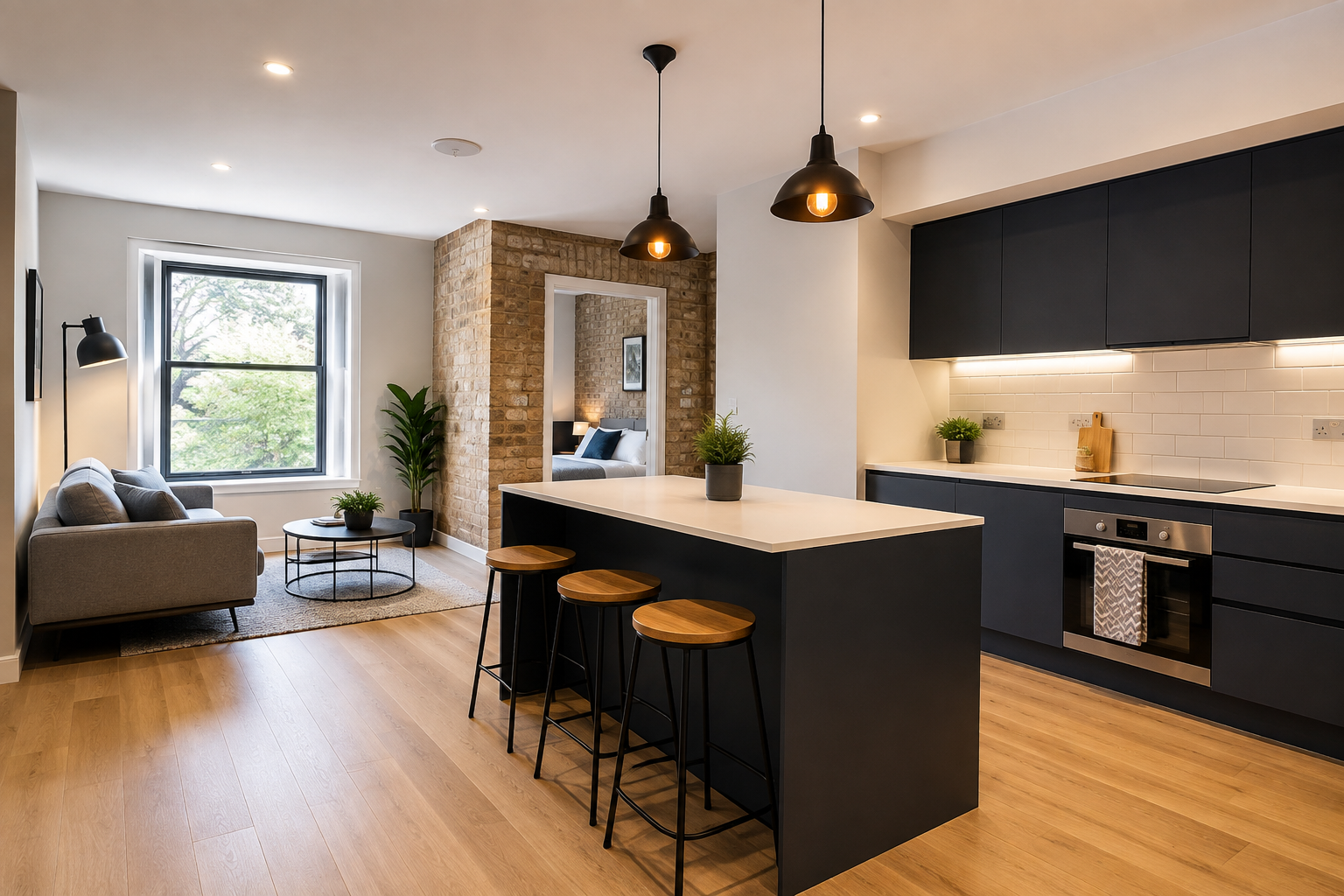 Modern kitchen with black cabinets, island seating, and adjoining living area with gray sofa and window.