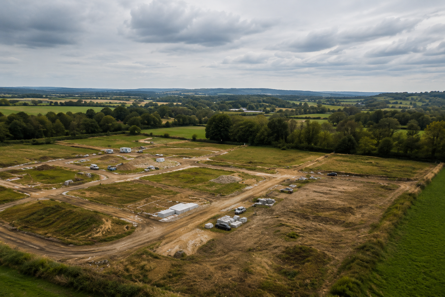 Aerial view of a rural construction site with dirt roads and building foundations underway amid fields.