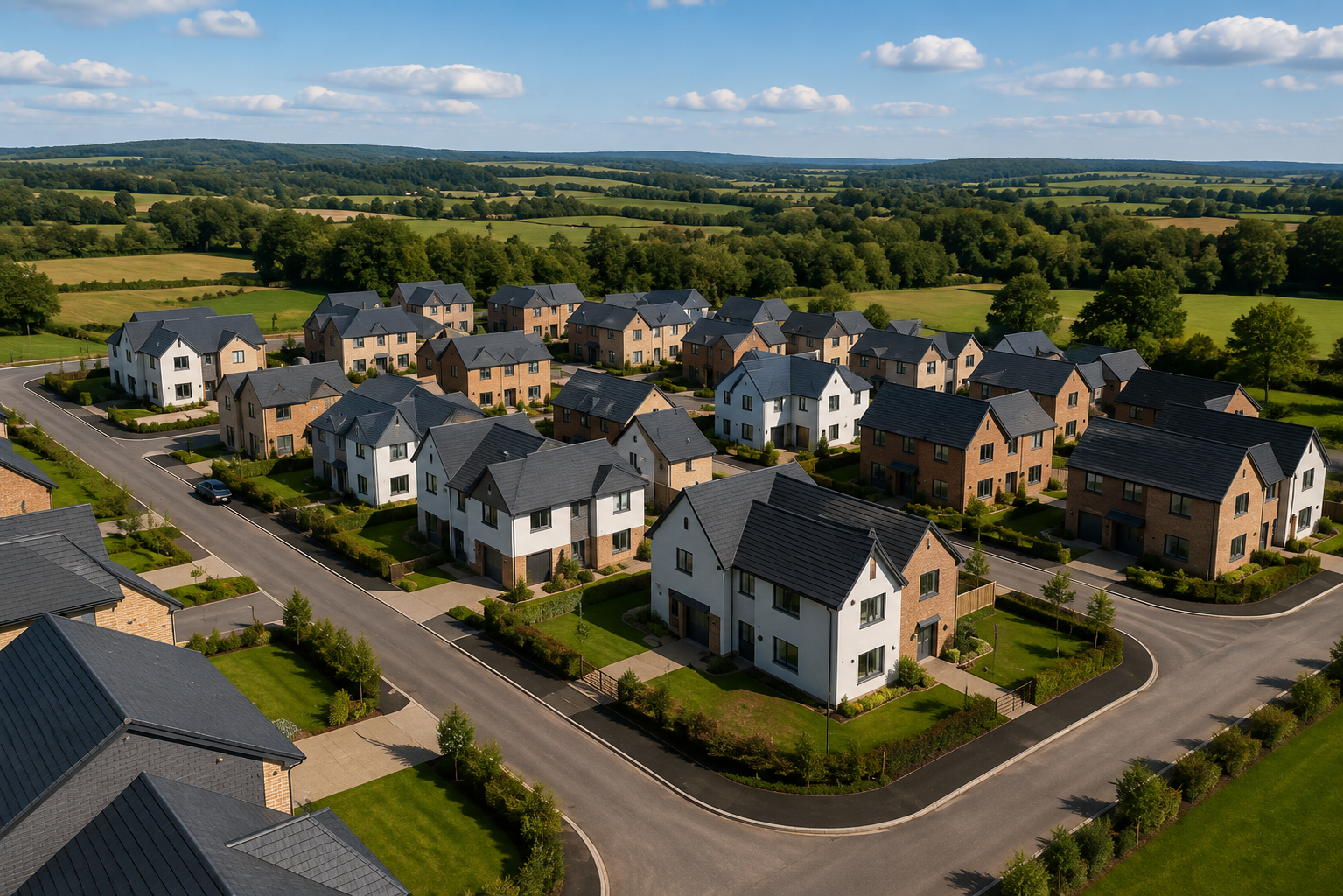 Aerial view of a suburban neighborhood with modern houses, green lawns, and surrounding fields under a blue sky.