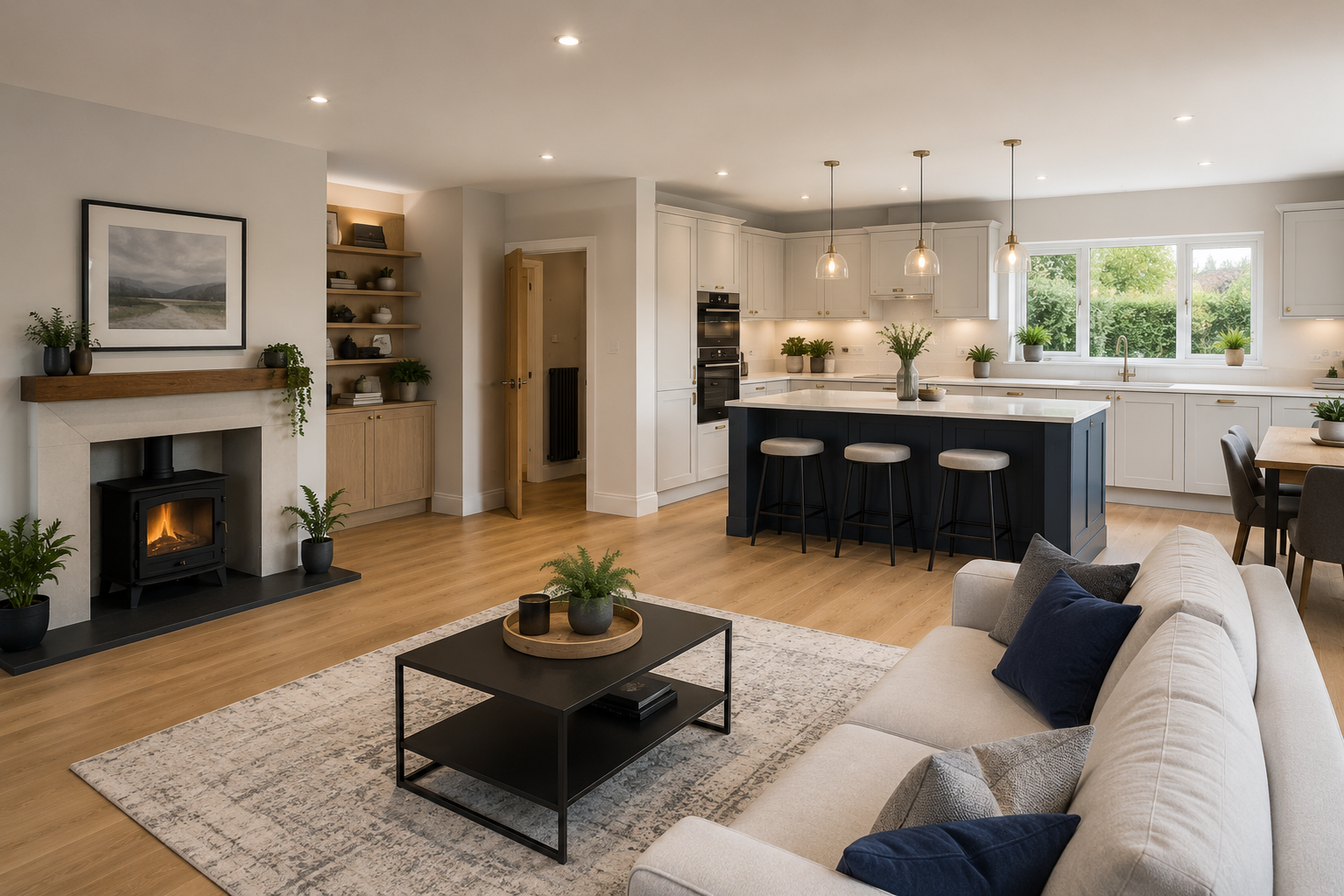 Open living room and kitchen with beige sofa, black fireplace, kitchen island, and light wood flooring.