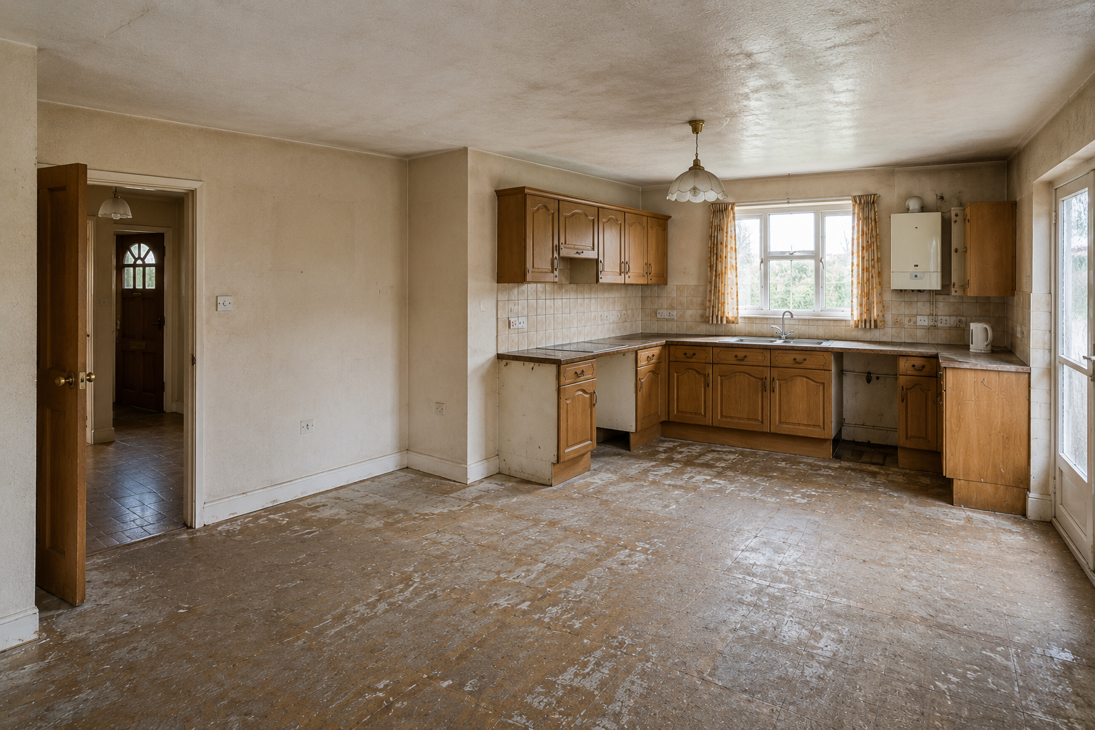 Empty, worn kitchen with wooden cabinets, old flooring, a window with curtains, and a door leading outside.