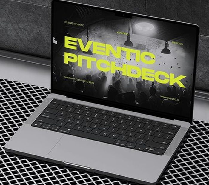 An event platform pitch deck on a laptop