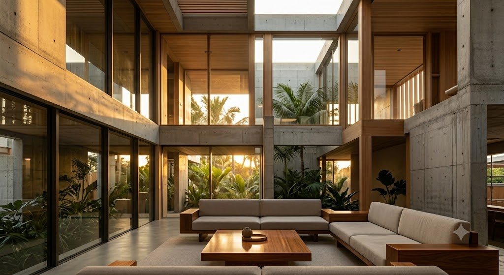 A contemporary Dubai villa interior opening onto a courtyard