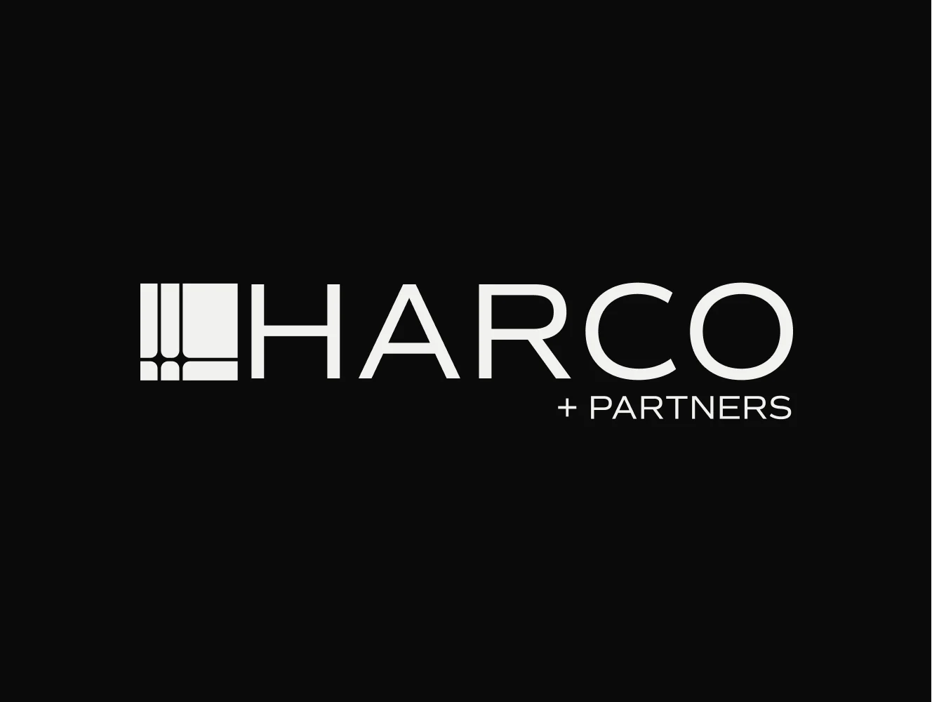 HARCO+ Partners secondary logo lock-up in white on black