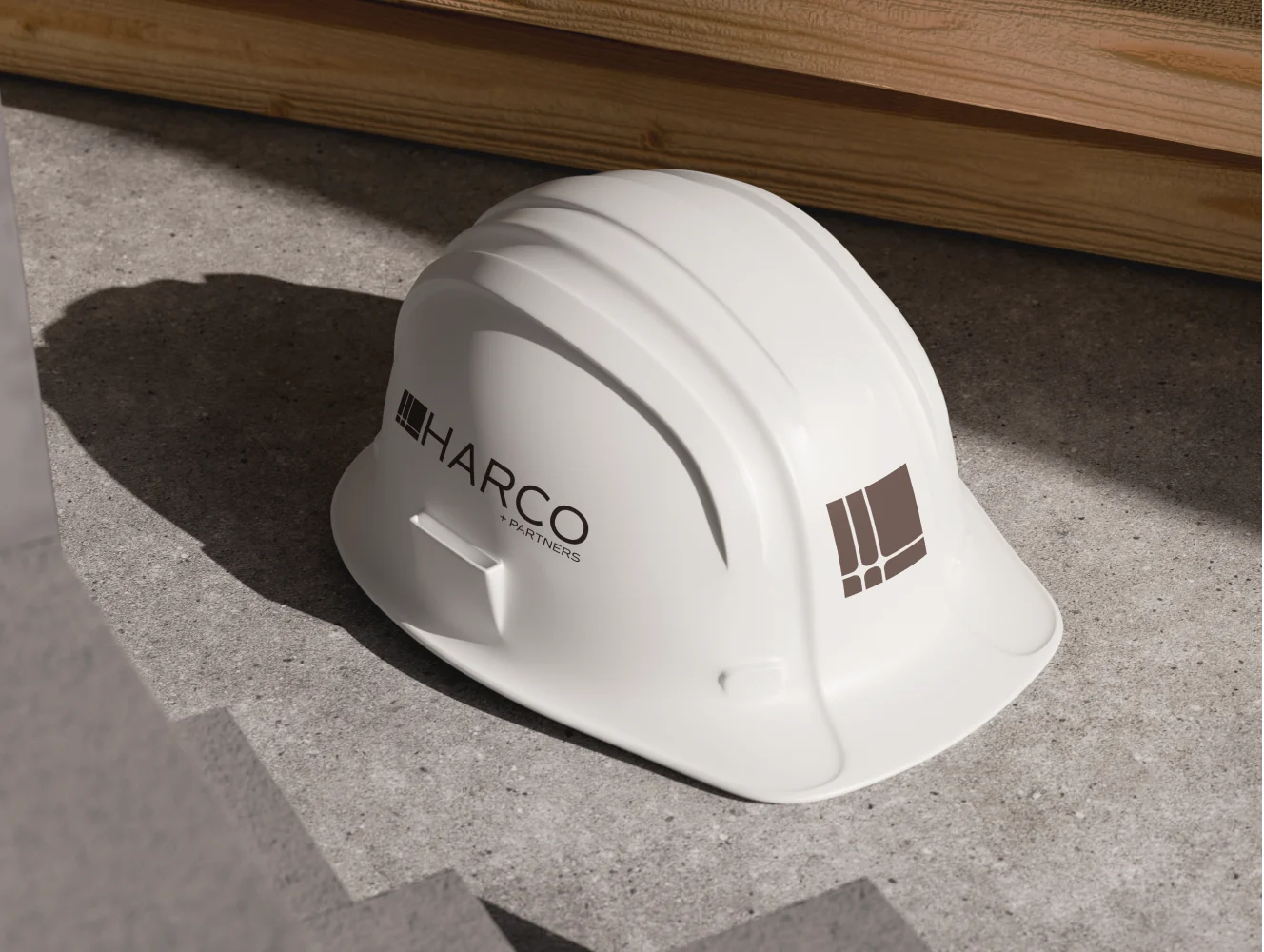 White construction helmet branded with the HARCO mark