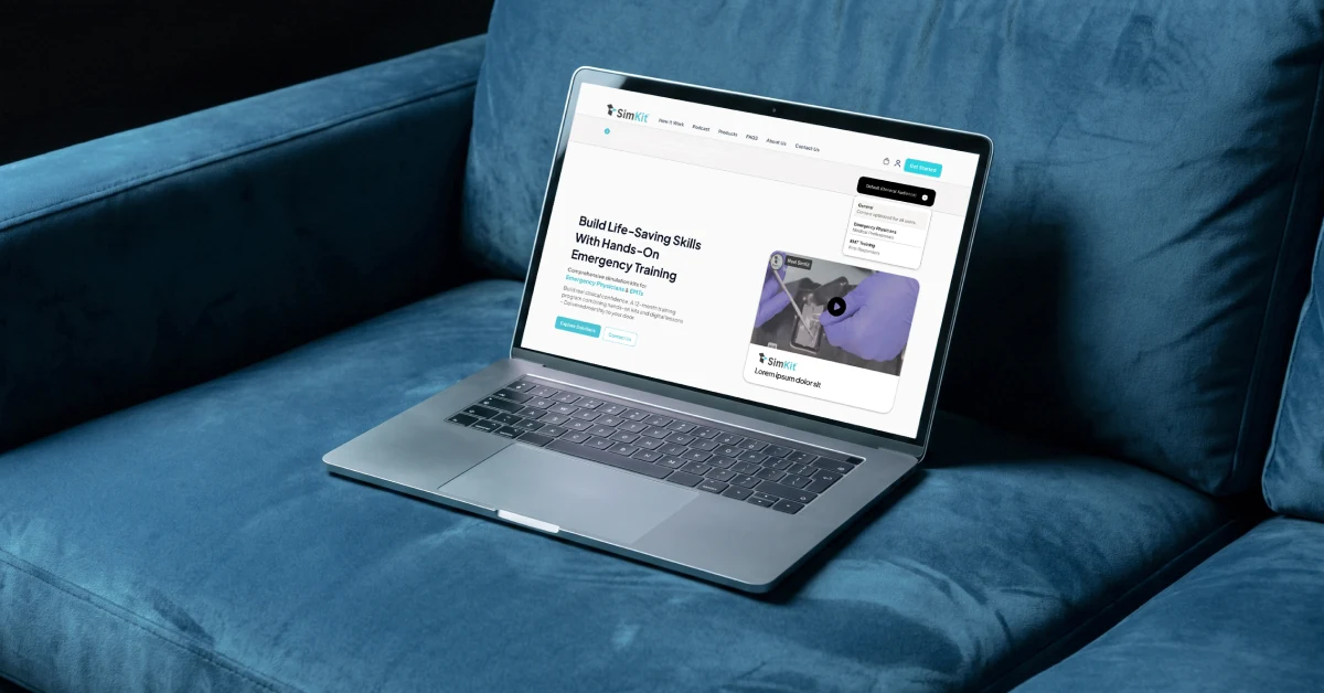 Laptop showing search results on a blue sofa