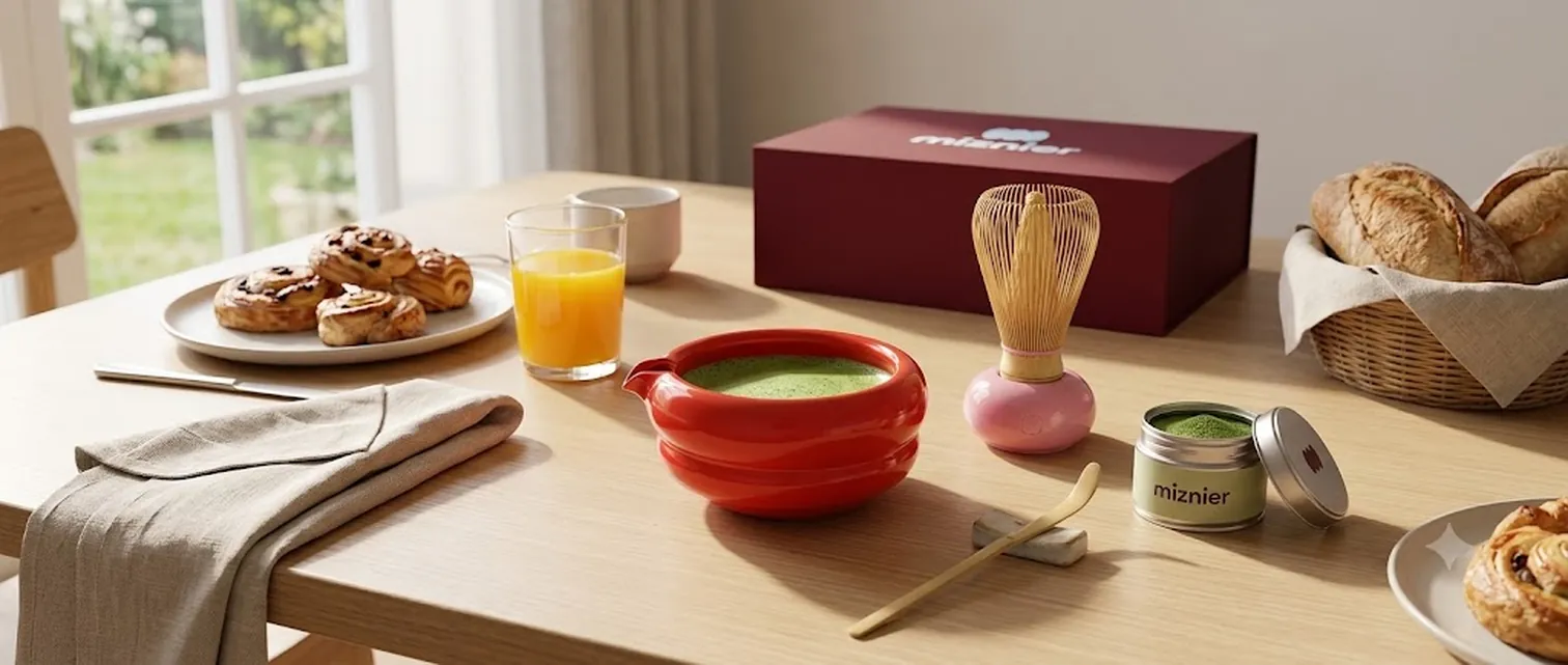 A breakfast table styled with Miznier matcha and fresh pastries