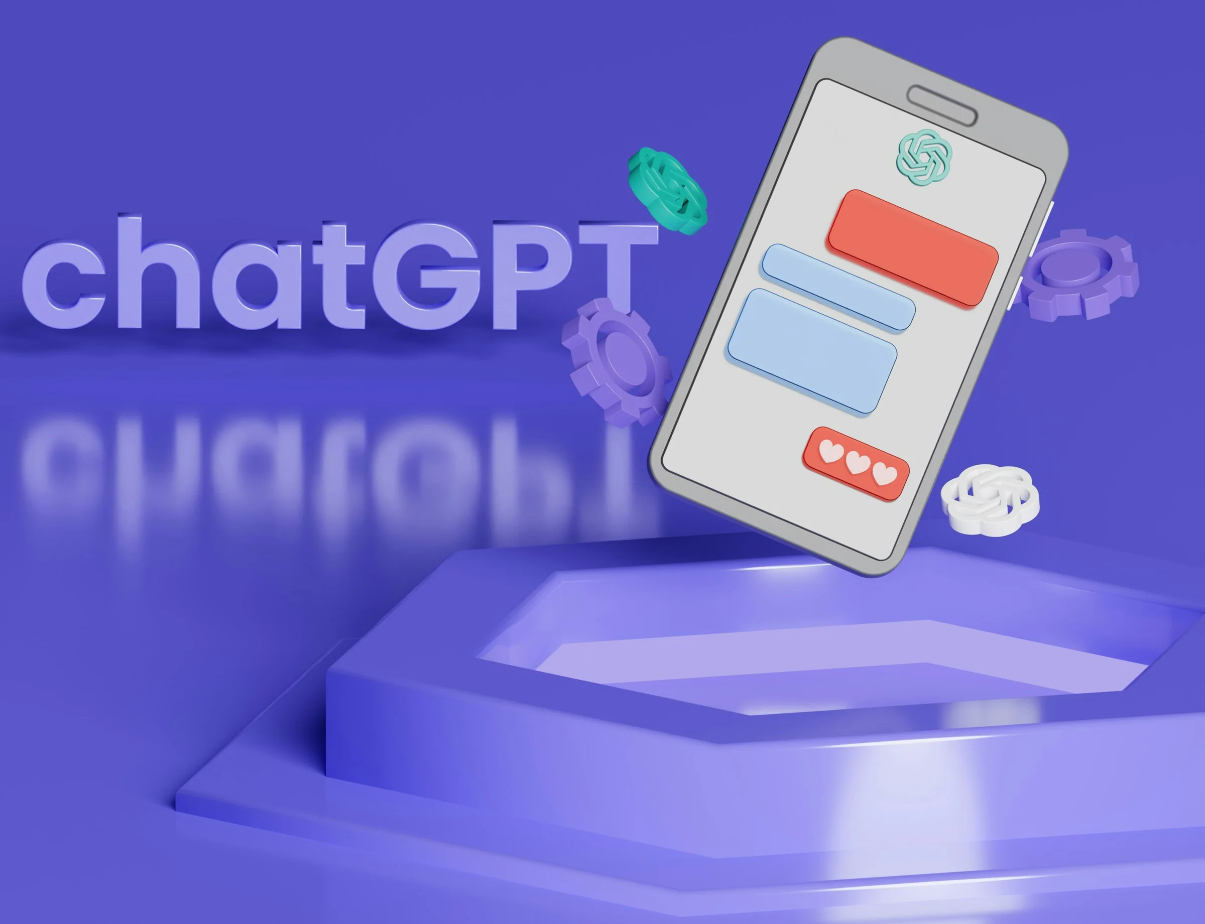 A phone showing a ChatGPT conversation on a violet stage