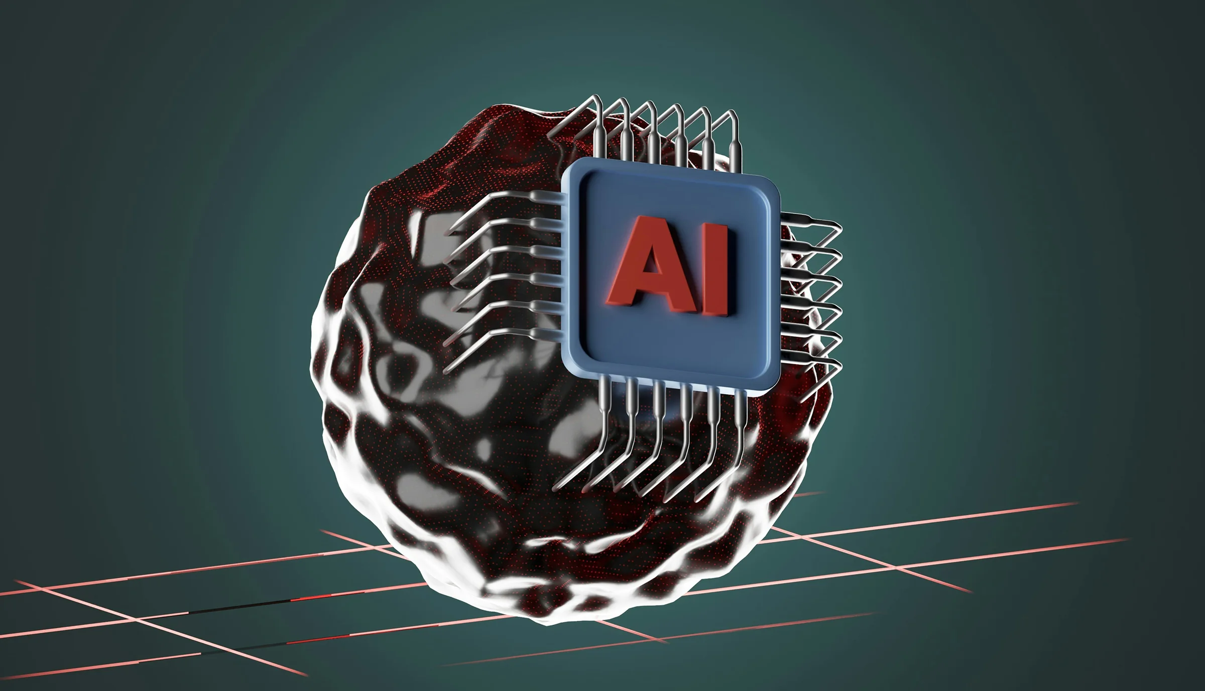 A chrome sphere wired into an AI chip, on a dark grid