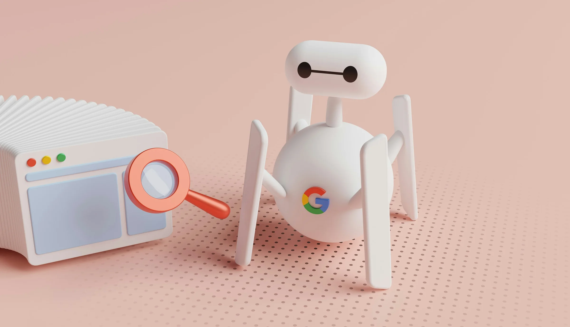 A white robot holding a magnifying glass beside a browser window