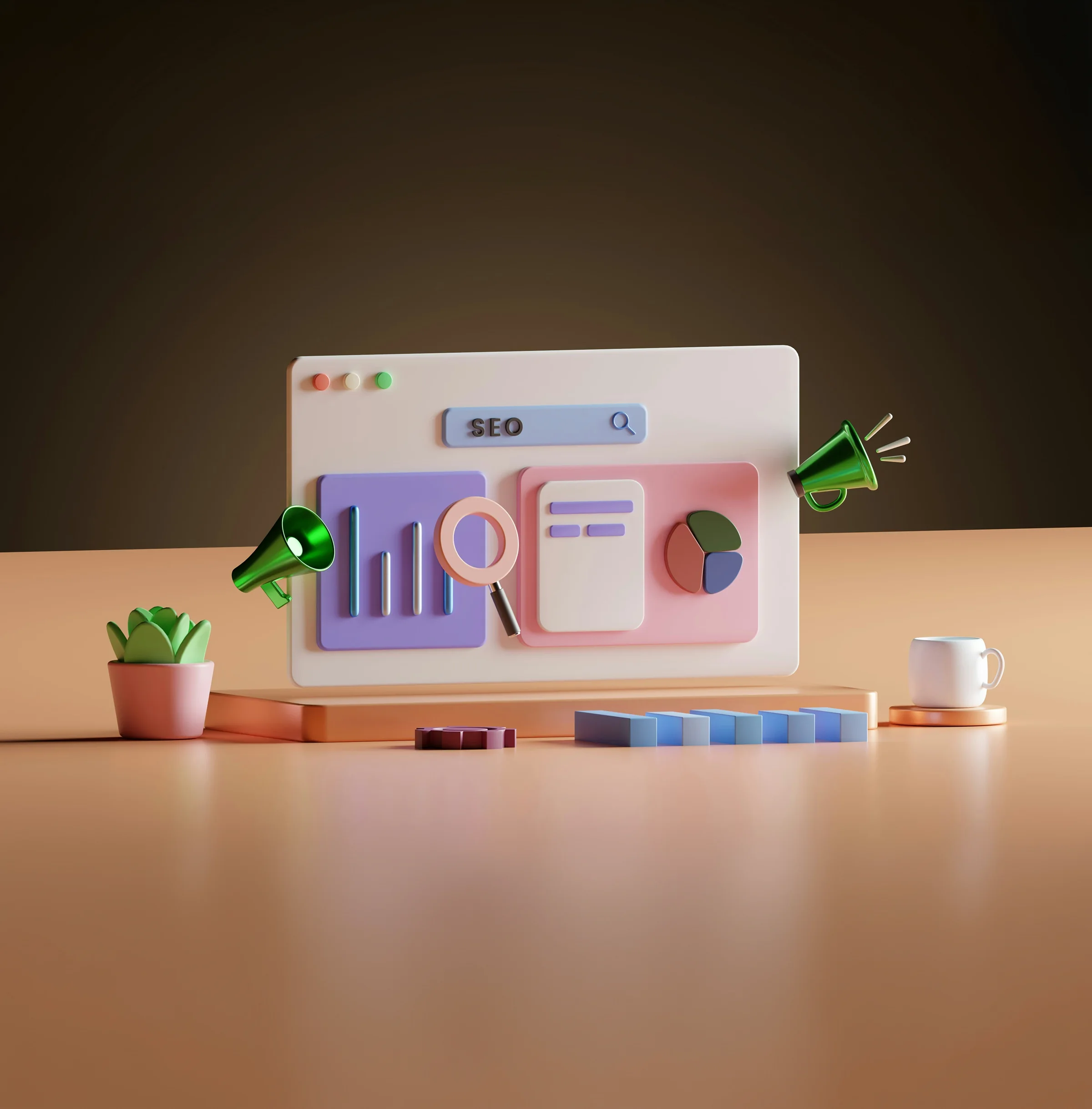 A 3D dashboard with an SEO search bar, charts and a megaphone