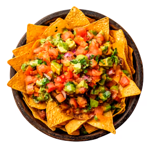 Plate of nachos topped with diced tomatoes, avocado, and chopped cilantro on a white background.