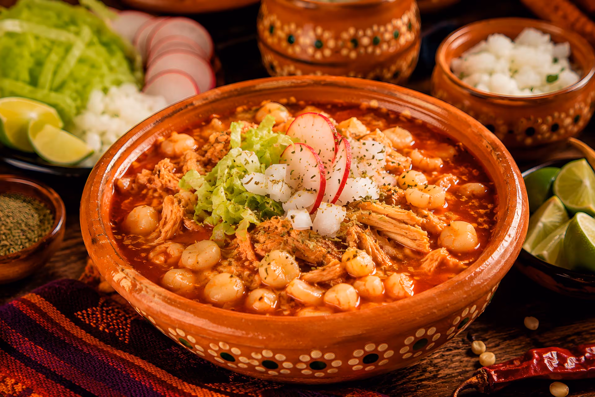 Traditional Mexican pozole rojo with hominy, shredded meat, radish slices, lettuce, and onion in a clay bowl.