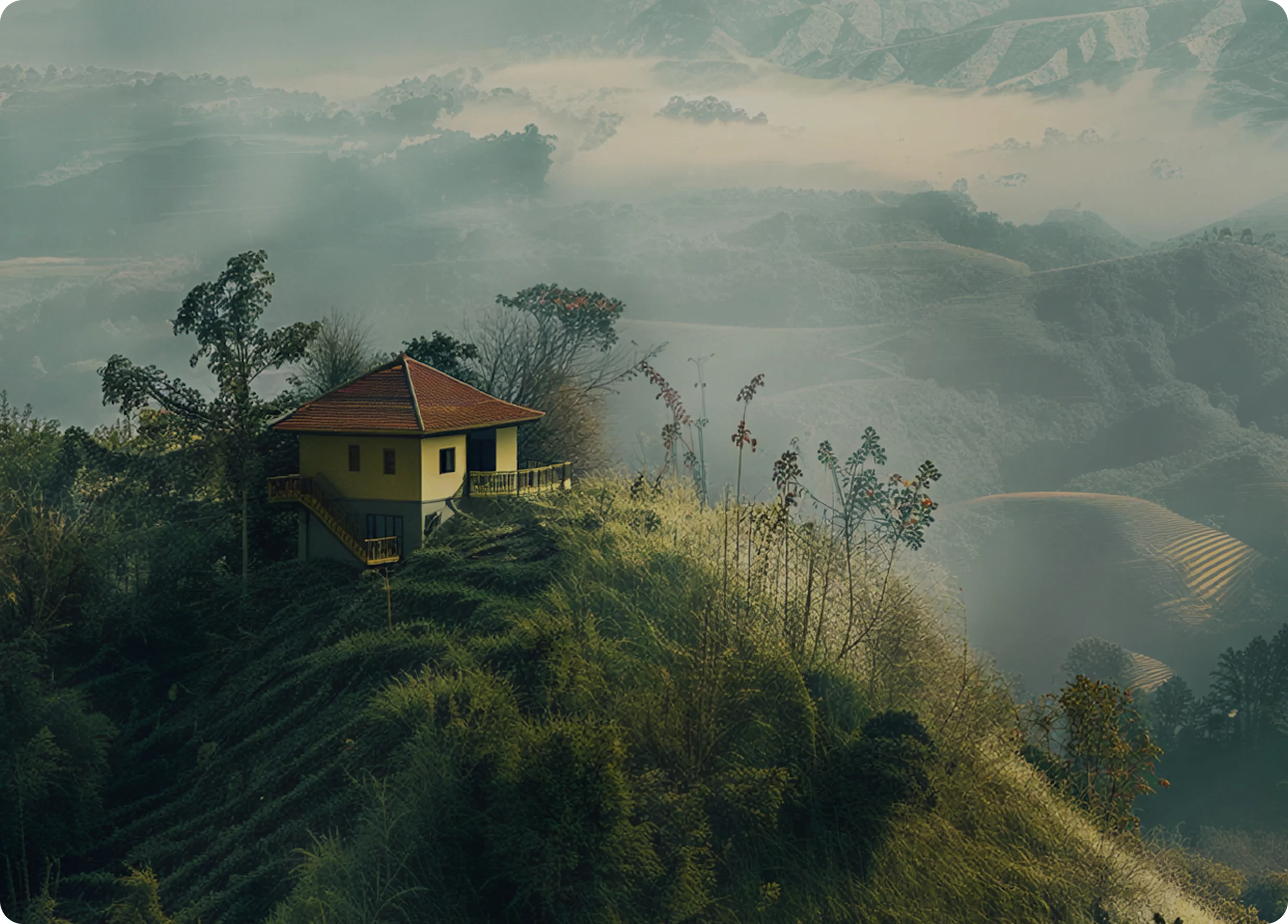 Yellow house with a red roof on a lush green hillside surrounded by foggy mountains and trees.