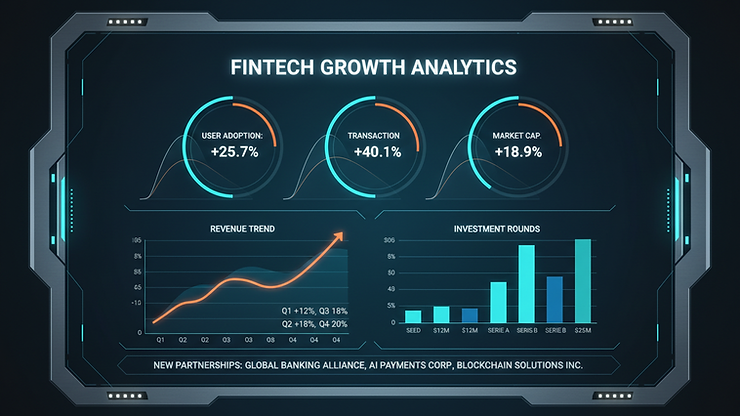 Close-up view of a digital dashboard showing fintech growth metrics