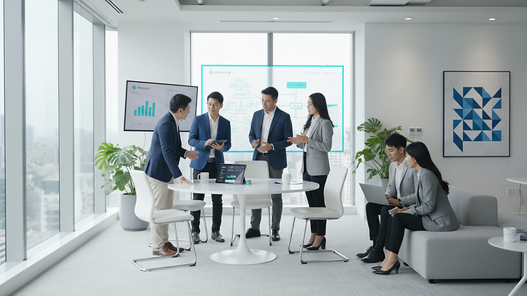 Eye-level view of a modern office with fintech professionals discussing strategy