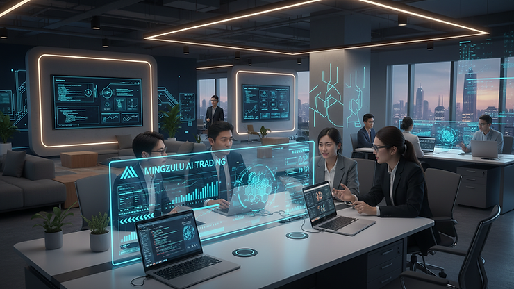 Eye-level view of a modern office workspace with fintech innovation tools