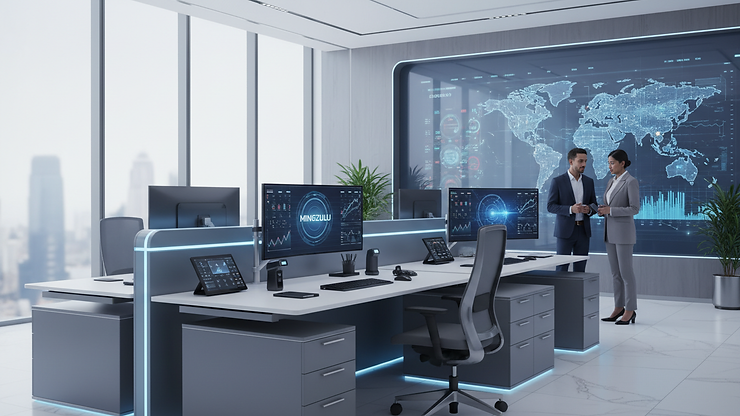 Eye-level view of a modern office with financial technology devices