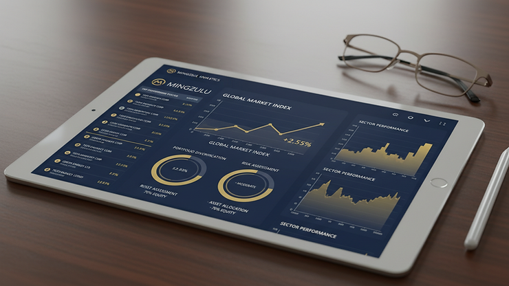 Close-up view of a digital tablet displaying financial data and analytics