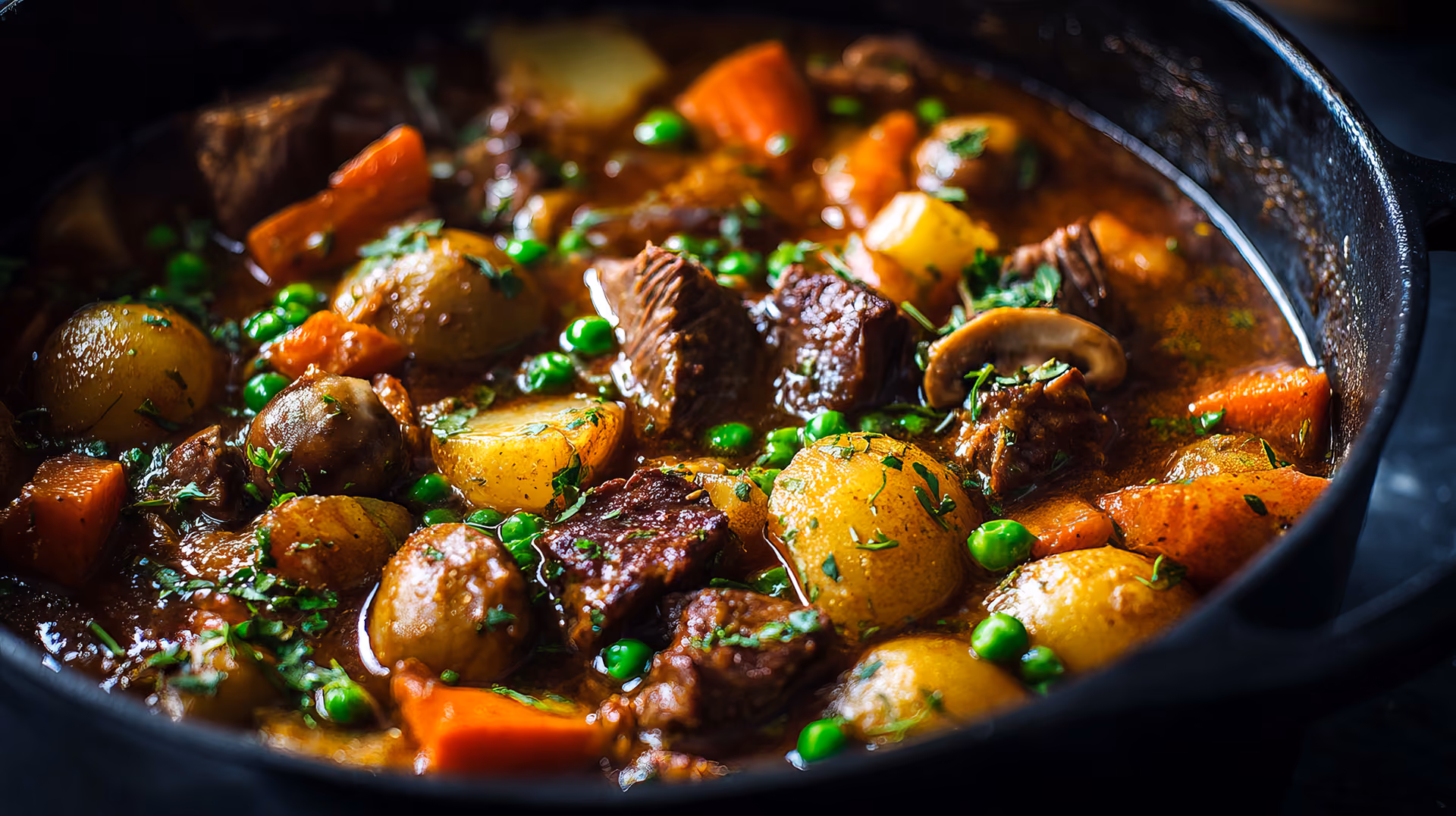 Hearty beef stew with potatoes, carrots, peas, mushrooms, and herbs in a cast iron pot.