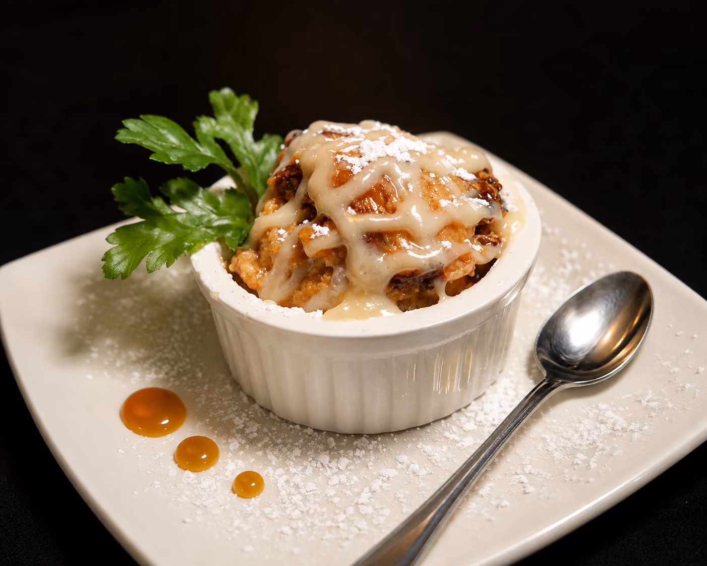 Baked dessert with glaze and powdered sugar in white ramekin, garnished with parsley on plate with spoon.