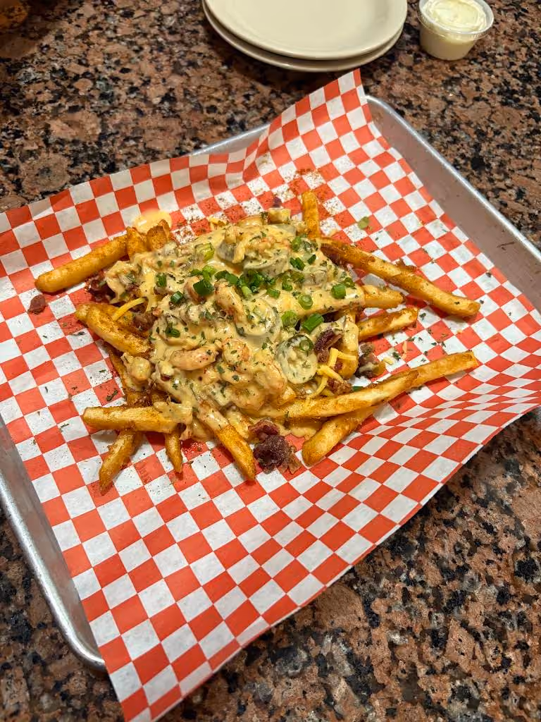 French fries topped with creamy mushroom sauce, green onions, and bacon bits on red checkered paper.