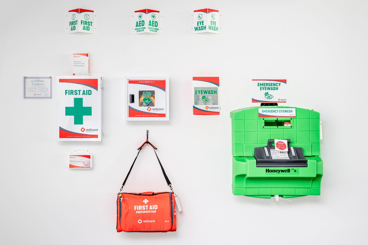 Redicare training wall showing first aid cabinets, AEDs, eyewash stations and responder bags