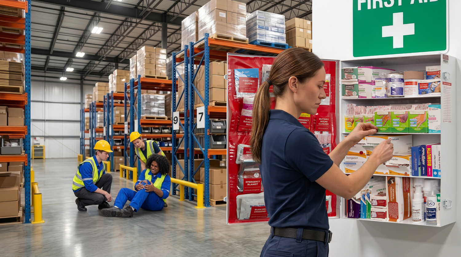 A Redicare representative restocking a first aid cabinet